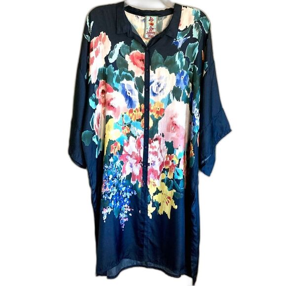 SOLD Johnny Was Malani 100% Silk Floral Print Long Kimono Tunic Navy Blue Size M - Picture 8 of 16